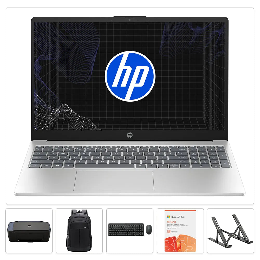 Combo HP 15-FC0372LA ] AMD Ryzen 7-7730U | 16GB RAM | 512GB SSD + Maletín GO + Soporte + Teclado y Mouse Logitech MK250 + Microsoft 365 PERSONAL + Impresora HP 2975 Wi-Fi