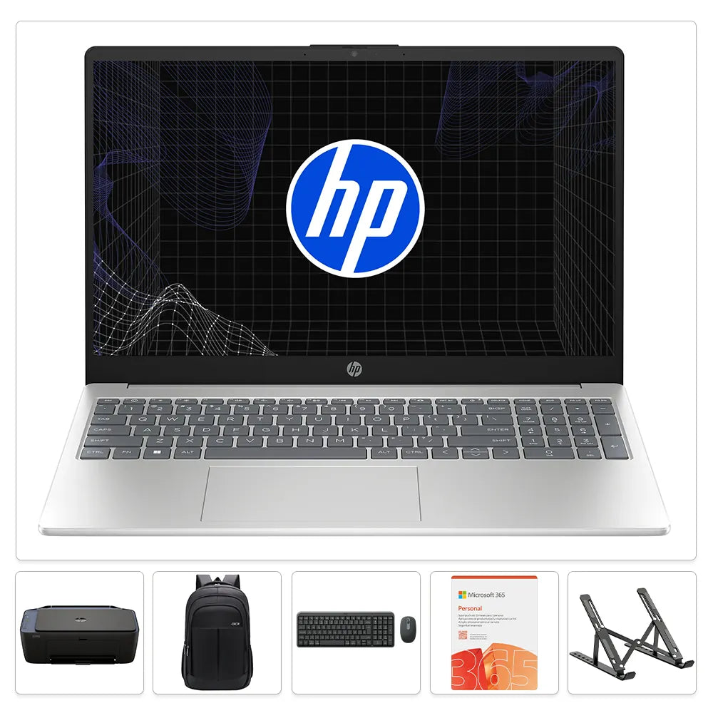 Combo HP 15-FC0287LA | AMD Ryzen 7-7730U | 8GB RAM | 512GB SSD + Maletín GO + Soporte + Teclado y Mouse Logitech MK250 + Microsoft 365 PERSONAL + Impresora HP 2975 Wi-Fi