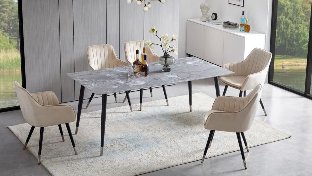 Comedor de 6 Puestos H1658 | Sobre de Eco-Stone | 6 Sillas Tapizadas H0408