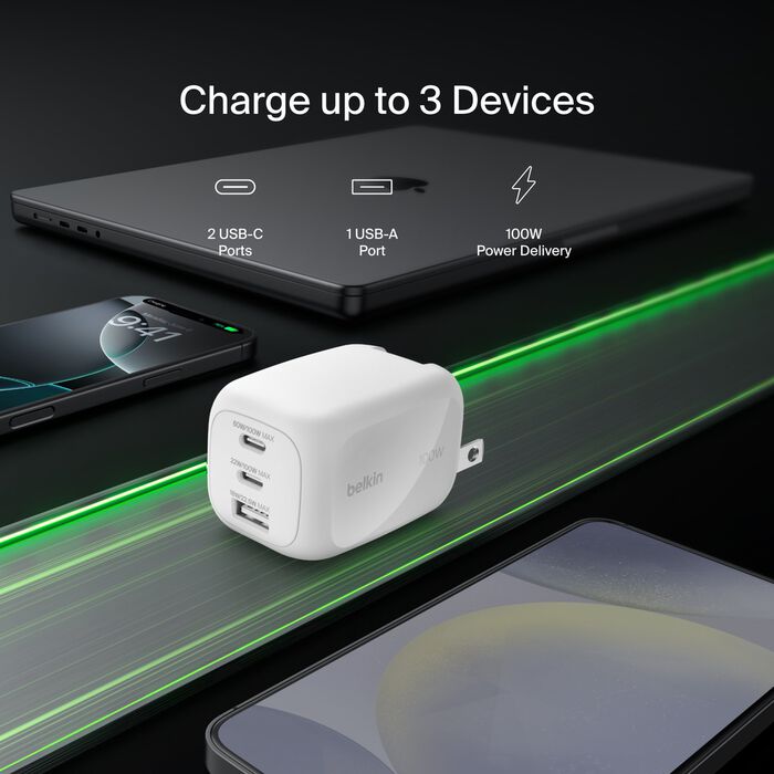 Cargador Belkin WCH016DQWH | 3 Puertos USB-C/USB-A | 100W