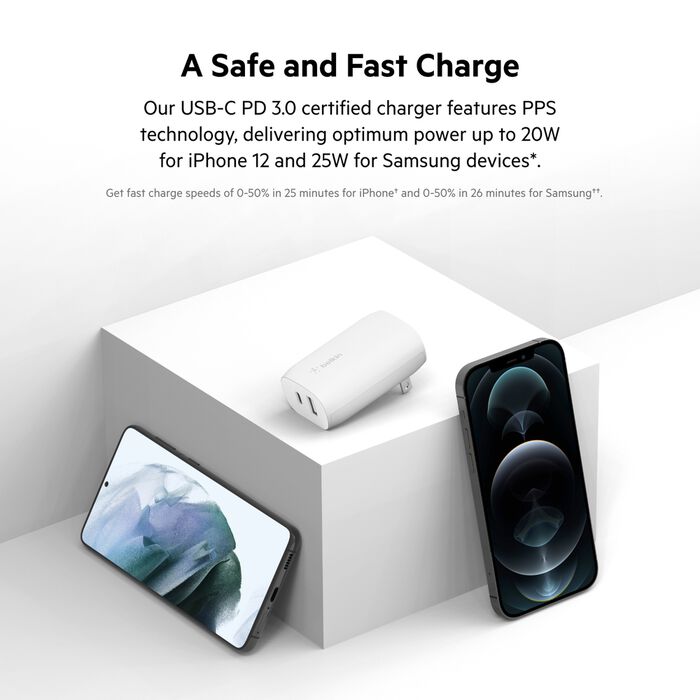 Cargador de Pared Dual Belkin | 25W + 12W | USB-C | Color Blanco