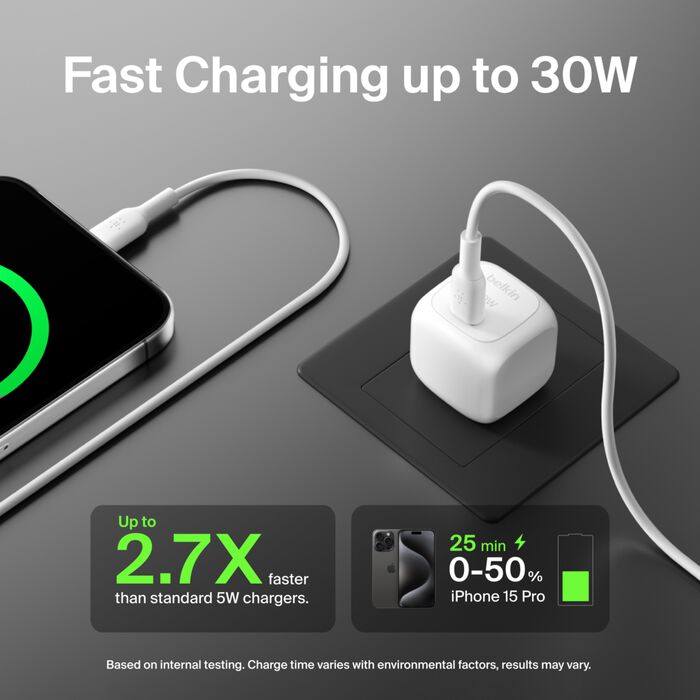 Cargador de Pared Belkin BoostCharge | 30W | Incluye Cable USB-C
