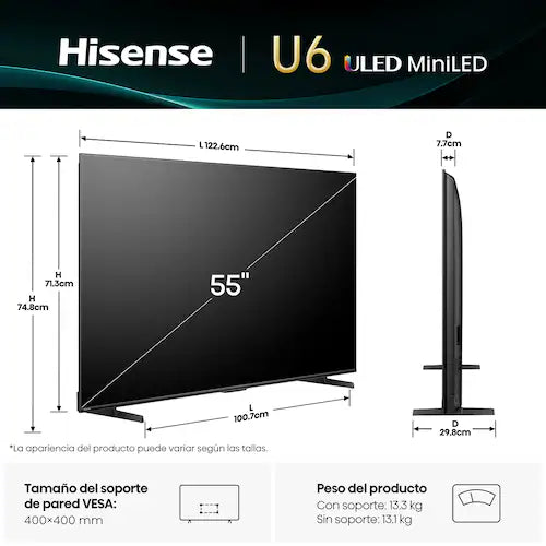 Televisor Hisense MiniLED 55U6QV | 55&quot; | 4K | VIDAA | HDMI | USB
