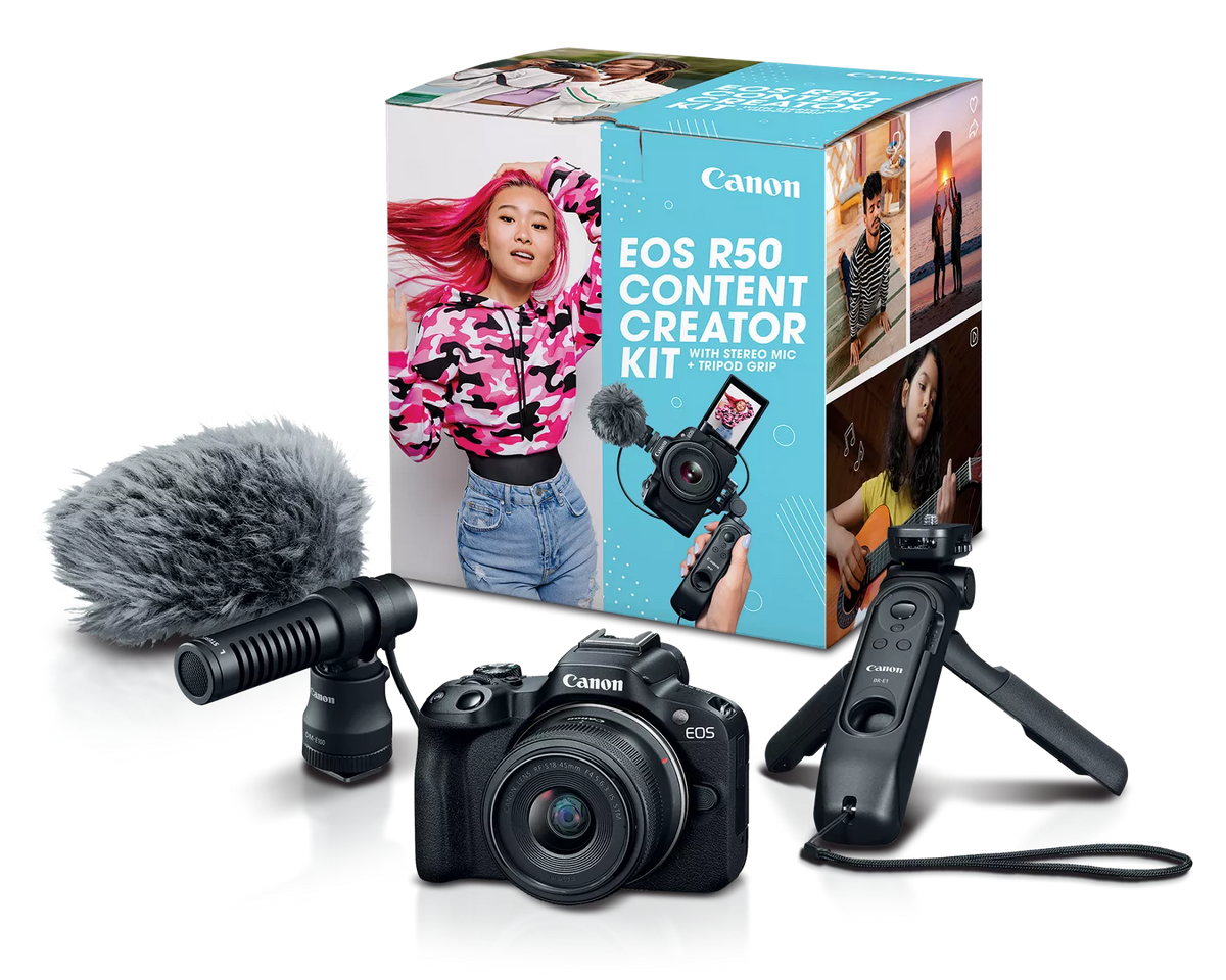 Cámara Canon EOS R50 Content Creator Kit | DSLR | 24.2MP | Wi-Fi | 4K | UHD | Bluetooth | RF-S 18-45mm IS STM