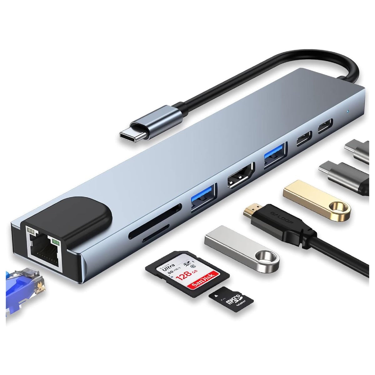 Adaptador SpaceMate USB-C 8 en 1 | HDMI 4K | USB 2.0 | USB 3.0 | USB-C