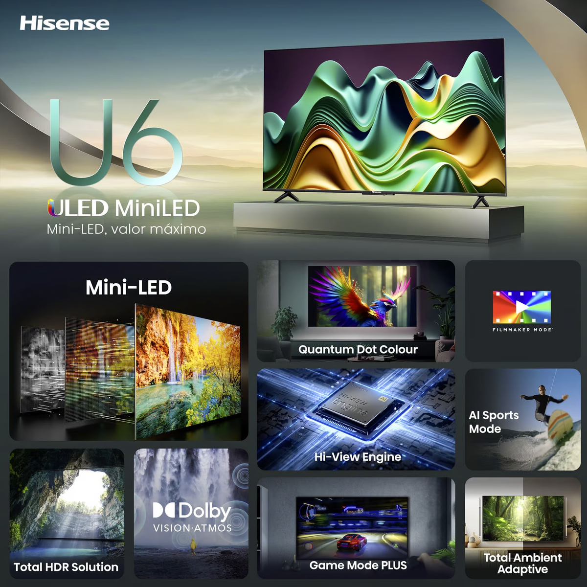 Televisor Hisense QLED MiniLED 65U6N | Google TV | 65" | 4K | HDMI | USB | Wi-Fi