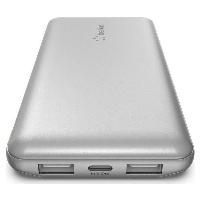 Batería Portátil Belkin BPB011BTSL | 10000mAh | 15W | 2 USB-A + USB-C | Cable Incluido | Color Plateado