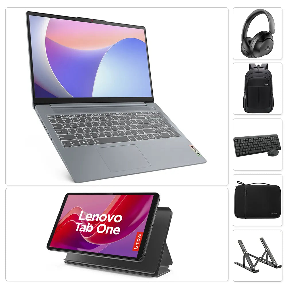 Combo Lenovo Idea Pad Slim 3 Intel Core i3 + Lenovo Tab One + Audífonos + Maletín + Teclado/Mouse + Funda + Soporte