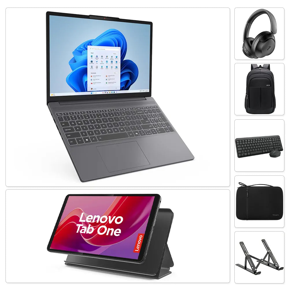 Combo Lenovo Idea Pad Slim 3 Intel Core i5 + Lenovo Tab One + Audífonos + Maletín + Teclado/Mouse + Funda + Soporte