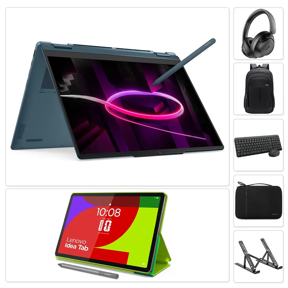 Combo Lenovo Yoga 7 Ryzen AI 7 + Lenovo Idea Tab FIFA 2026 + Audífonos + Maletín + Teclado/Mouse + Funda + Soporte