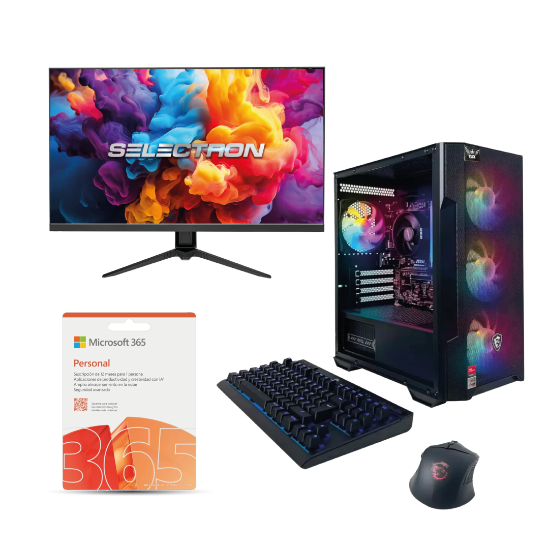Kit Desktop Gaming NSX + Teclado y Mouse MSI Forge GK100 + Monitor Selectron MLE-240 + Microsoft 365 Personal