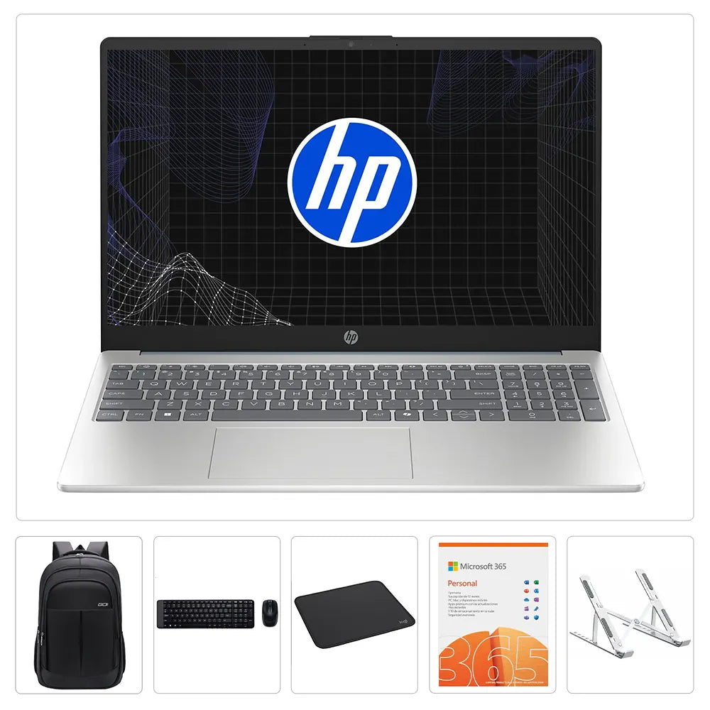 Kit HP 15-FD0250LA + Maletín + Microsoft 365 Personal + Teclado + Mouse + Mousepad + Soporte