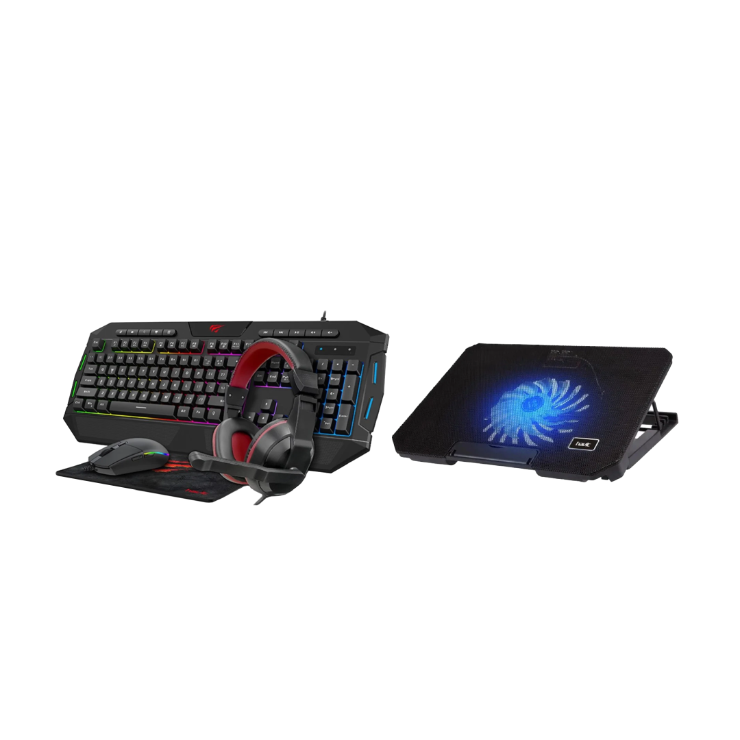 Kit de Havit | Combo Gaming Teclado/Mouse/Headset/Mousepad + Soporte Cooling Pad para Notebook