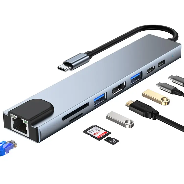 Adaptador USB-C Dragon Tech | 8 en 1 | USB | HDMI | USB-C | Tarjeta SSD | LAN
