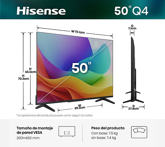 Televisor Hisense 50Q4SV | VIDAA | 50" | Full HD | HDMI | USB | Wi-Fi | Bluetooth | DVB-T