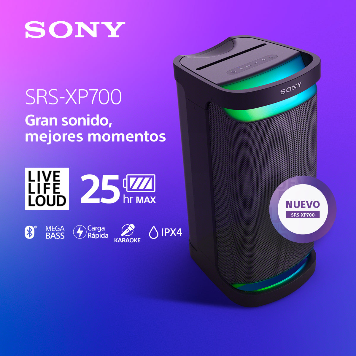 Bocina Inalámbrica Sony SRS-XP700, IPX4, Bluetooth